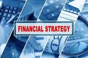 Financial strategy text over money and calculator graphics, wealth management strategies for executives.